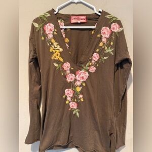 Johnny Was Brown V-Neck Top with Pink and Yellow Floral Embroidery